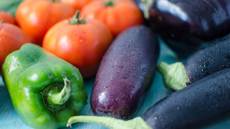 Eggplants, peppers, and tomatoes