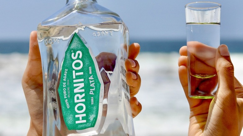 Hands holding Hornitos and shot