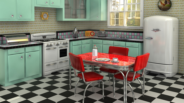 1950s kitchen with black and white checkered floor
