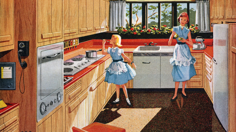 Illustration of a mother and daughter in 1950s kitchen with metal stove