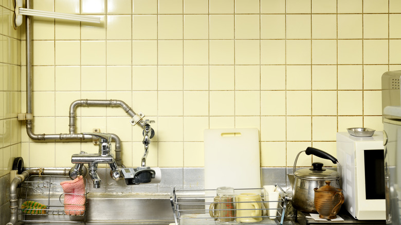 Yellow pastel tiles in a kitchen