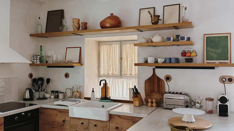 Wooden open shelves with coordinating wooden cabinets