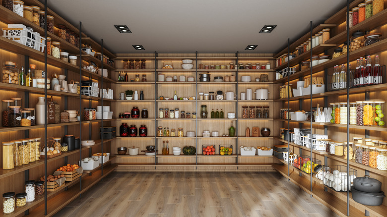 Large walk-in pantry filled with open shelves