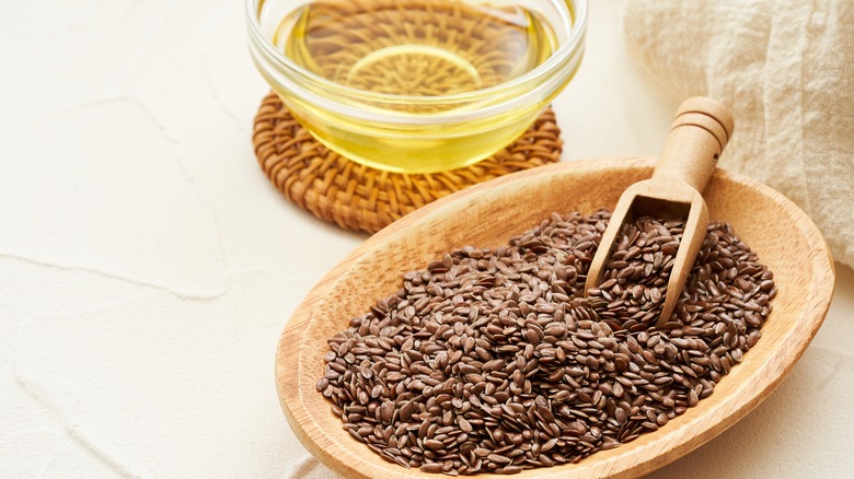 flaxseeds in a wooden bowl