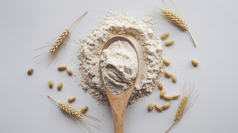 Pile of flour with spoonful in center and wheat grains around