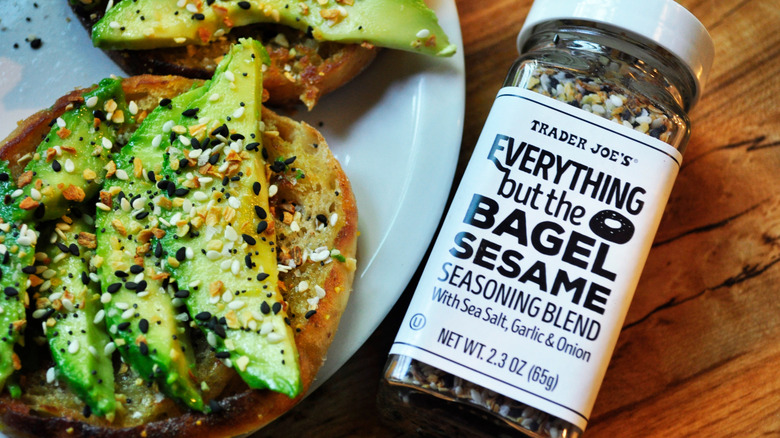 Trader Joe's Everything But The Bagel Sesame Seasoning next to avocado toast
