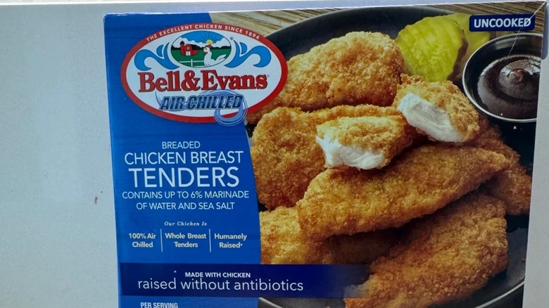 Box of Bells and Evans Breaded Chicken Breast Tenders.