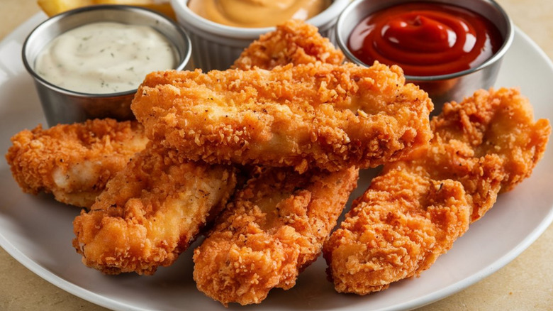 Breaded chicken tenders on plate with sauces in cups