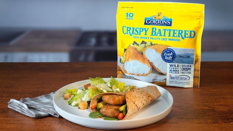 Package and plate of Gorton's Crispy Battered Fish Fillets