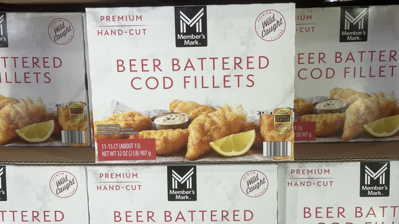 Shelves of Member's Mark Beer Battered Cod Fillets at Sam's Club.