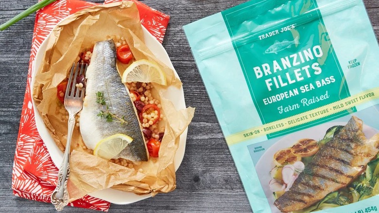 Bag pf Trader Joe's Branzino Fillets beside foil packet meal