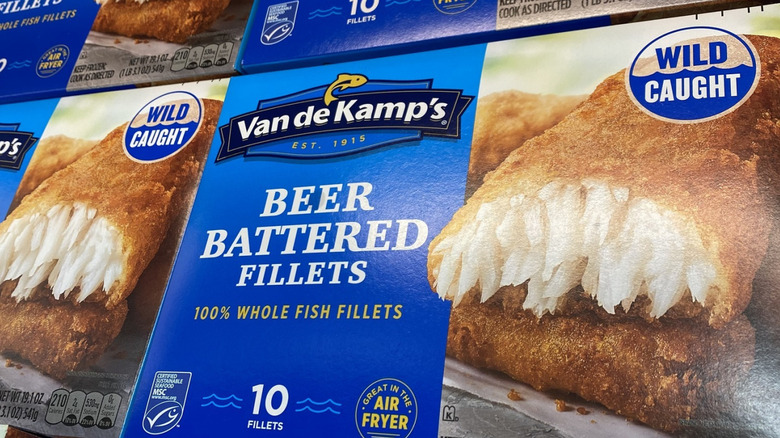 Boxes of Van de Kamp's Beer Battered Fillets lined up next to each other at Woodman's.