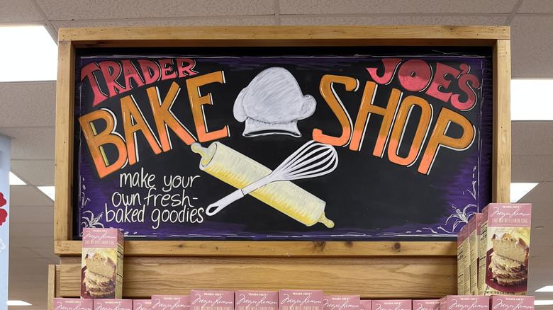 A sign advertises Trader Joe's baking mixes
