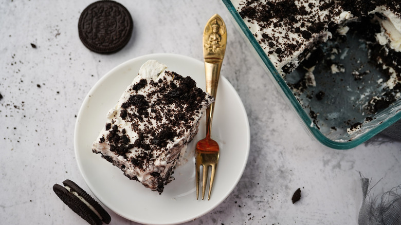 Slice of icebox cake on plate