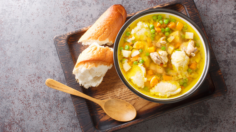 Dumplings in a chicken vegetable soup