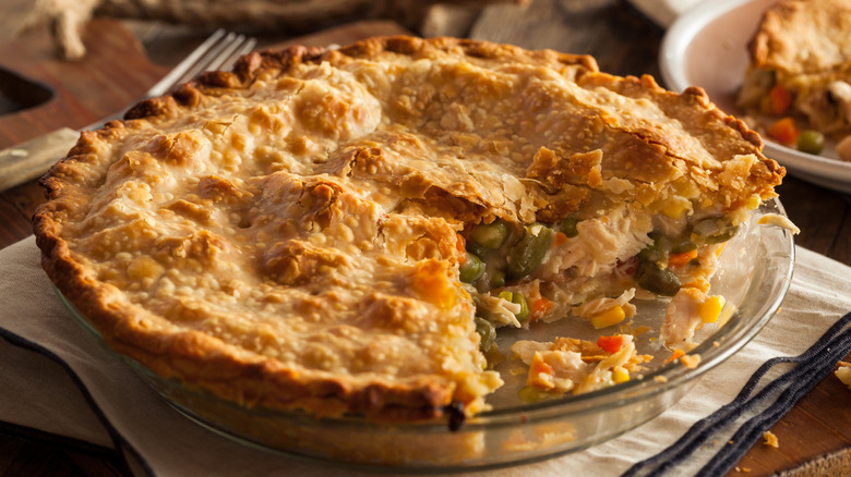 Chicken pot pie in a glass dish