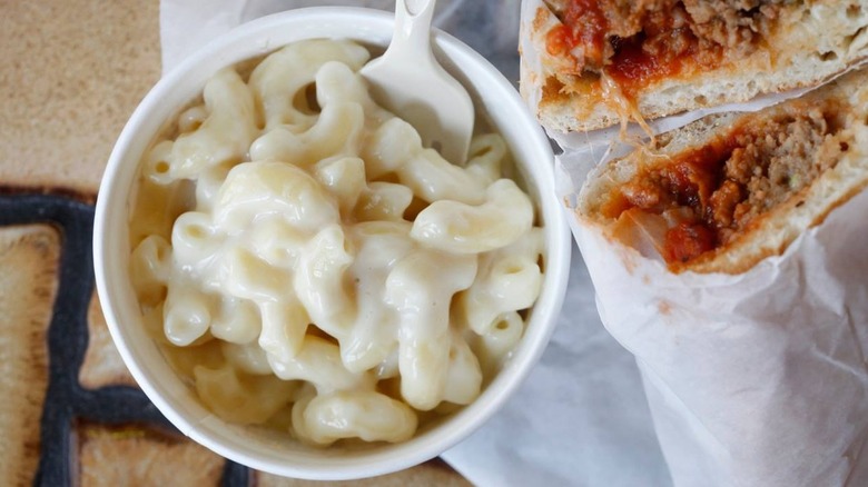 potbelly mac and cheese next to meatball sandwich