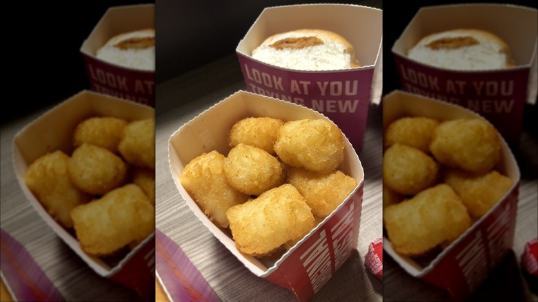 Closeup of Krystal tater tots in brown paper bags