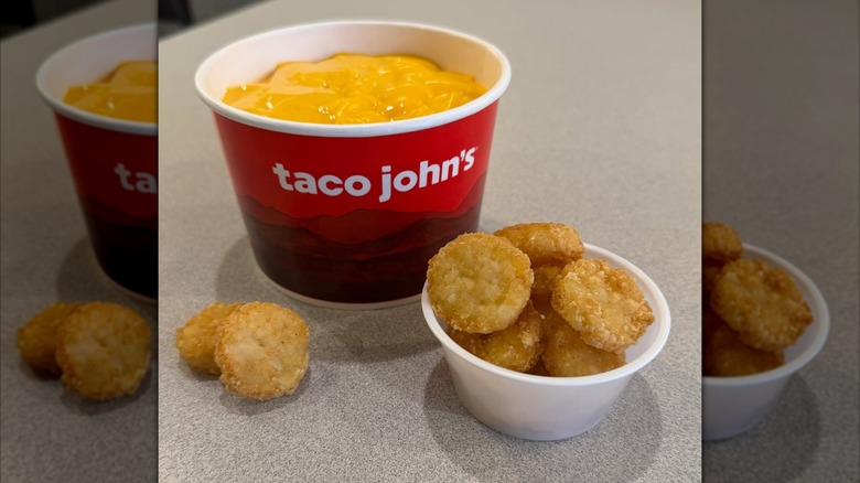 An order of Taco John's Potato Olés and cheese sauce