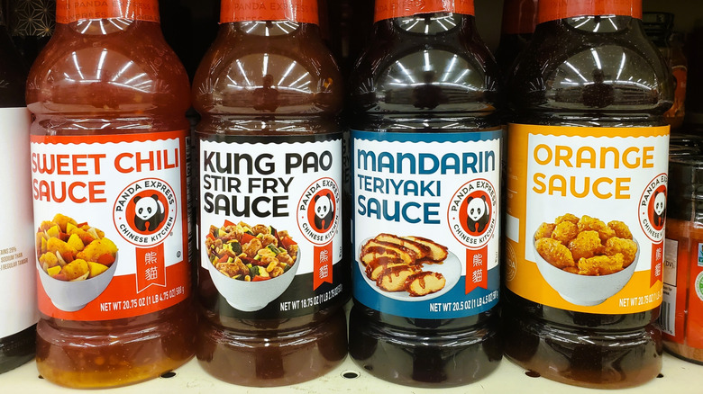 Bottles of different Panda Express sauces lined up
