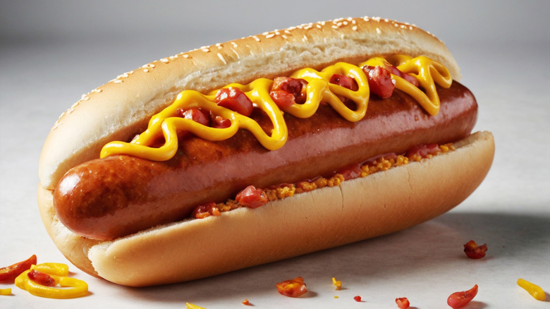 A cooked hot dog topped with yellow mustard and ketchup against a gray background