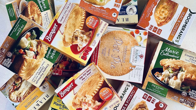 Assorted frozen pot pies in boxes