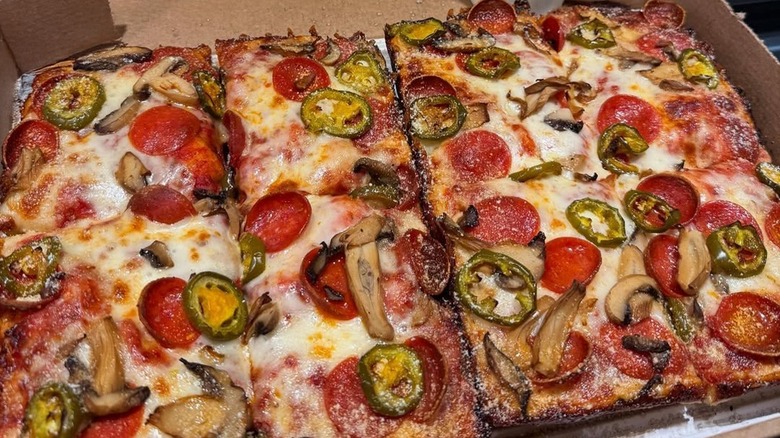 Pepperoni, mushroom, and jalapeno pepper Detroit-style pizza from Jet's Pizza