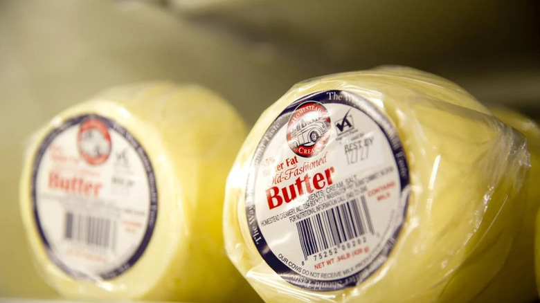 Homestead Creamery butter on shelf.