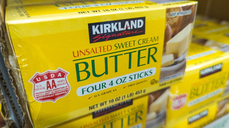 Kirkland Signature butter on shelves.