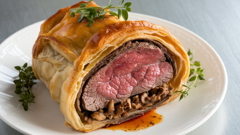 beef wellington segment with mushroom pate and herb garnish