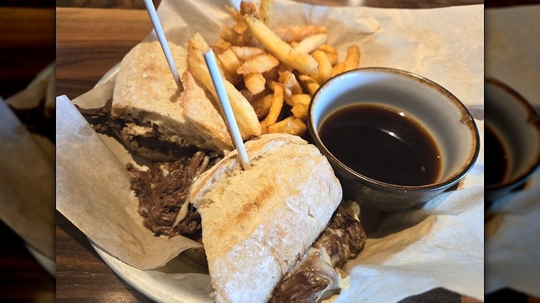 A pot roast beef dip sandwich at Lazy Dog