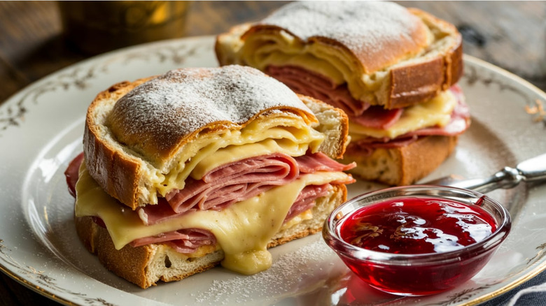 A monte cristo sandwich with raspberry jam on the side