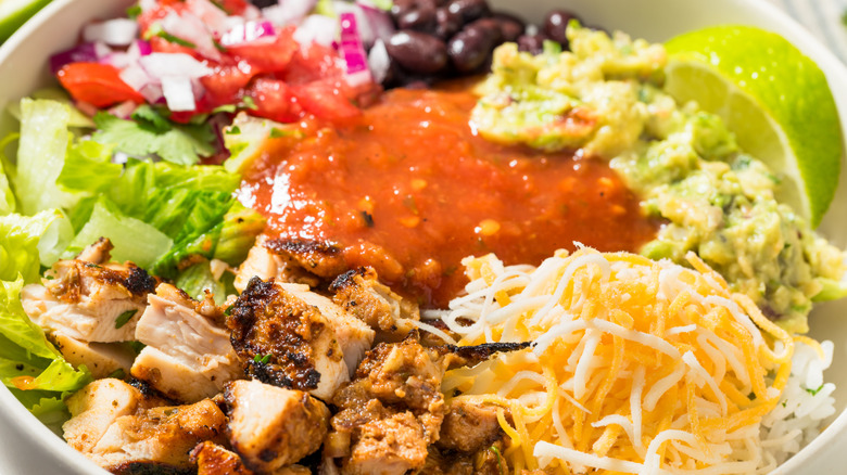 Homemade Mexican Burrito Bowl with Chipotle Chicken Cheese and Guacamole