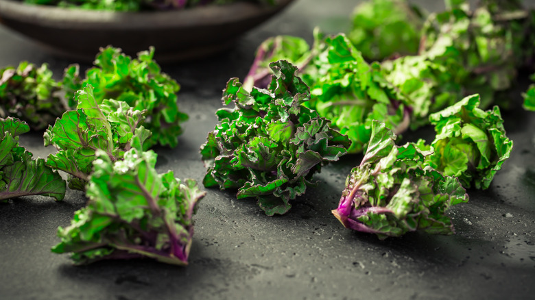 Bright green and purple kalettes on a black counter