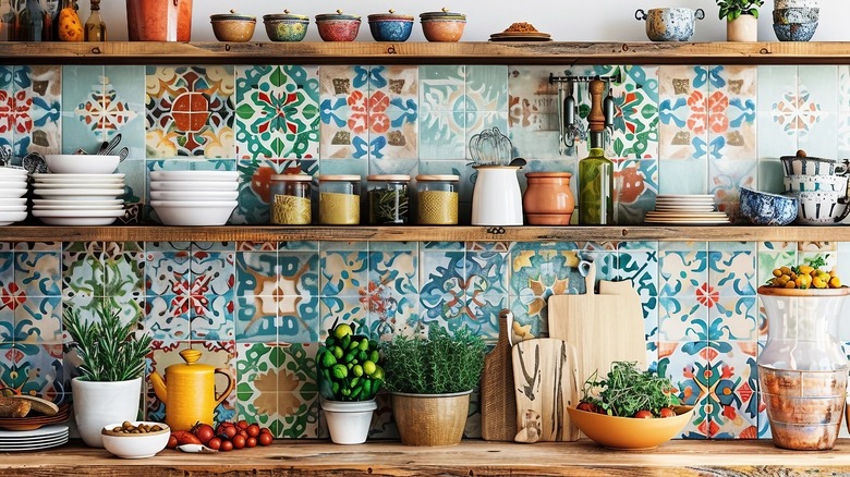 Colorful patterned kitchen tile backsplash