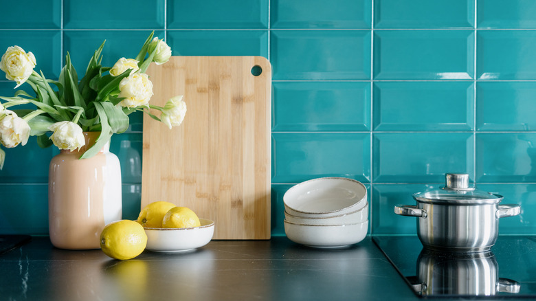 Teal kitchen tile backsplash