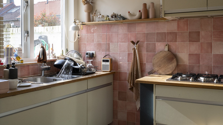 Red zellige tile in a kitchen