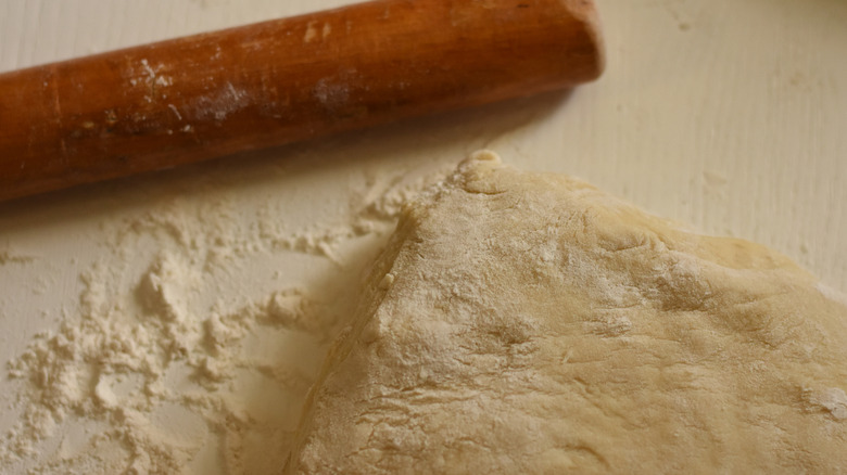 a rectangular piece of dough with a rolling pin beside it