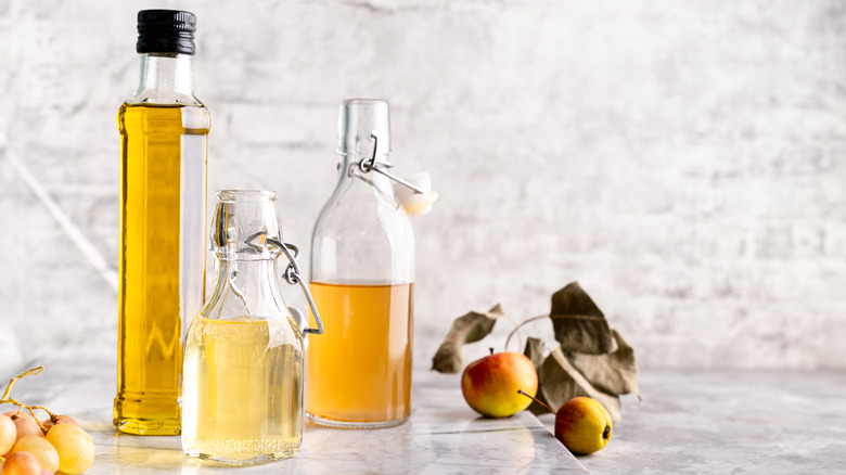 Glass bottles of various vinegars