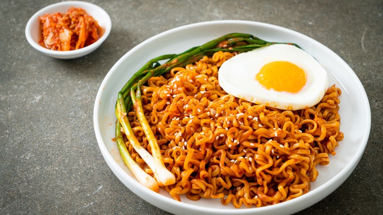 Fried egg on ramen noodles with kimchi