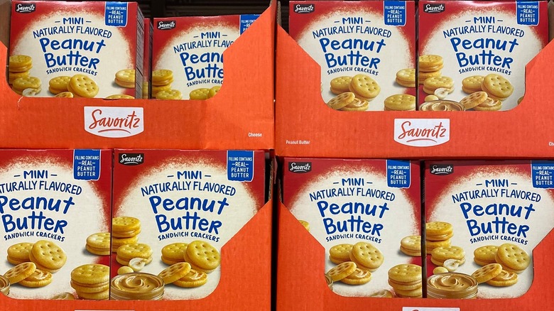 Savoritz Mini Peanut Butter Sandwich crackers on a shelf