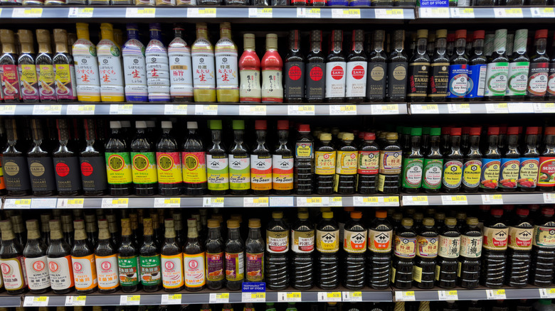 Selection of soy sauces in supermarket