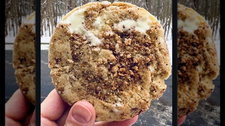 A cookie with buttered toast and white chocolate