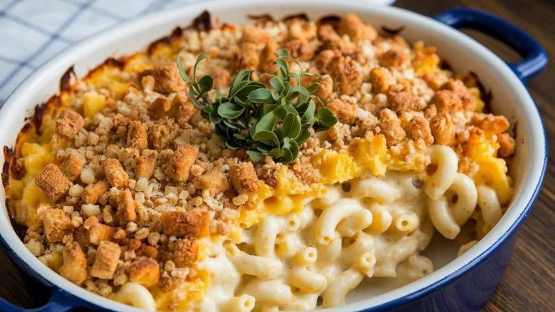 A casserole of Mac and cheese with a crispy top