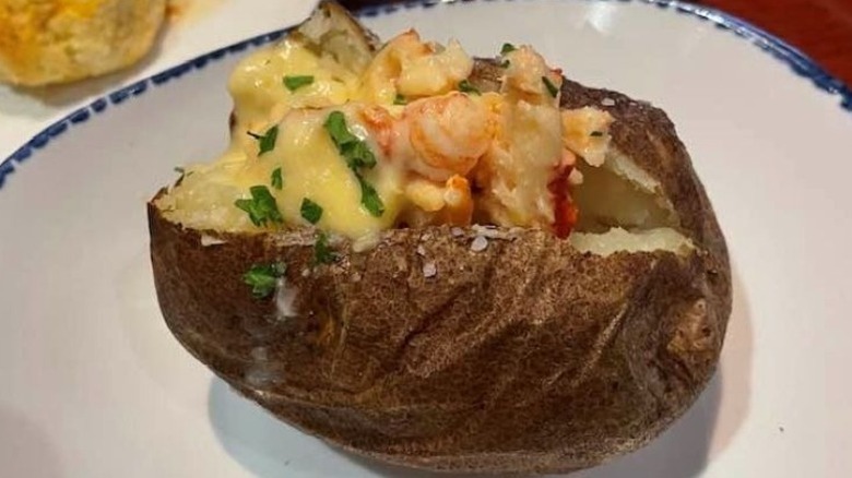 A seafood loaded baked potato from Red Lobster