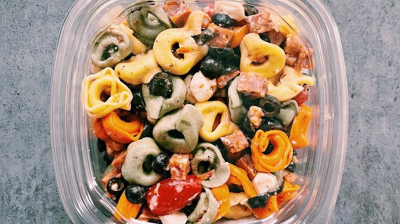 Kirkland tortellini pasta salad with mozzarella pearls, basil, olives, and tomatoes