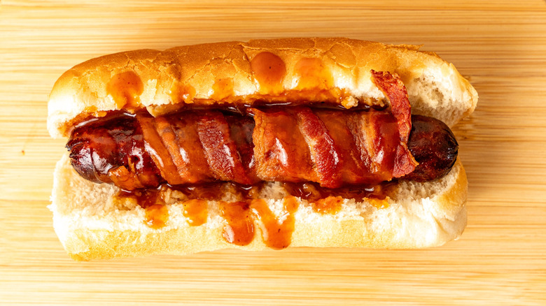 Bacon wrapped hot dog in a bun