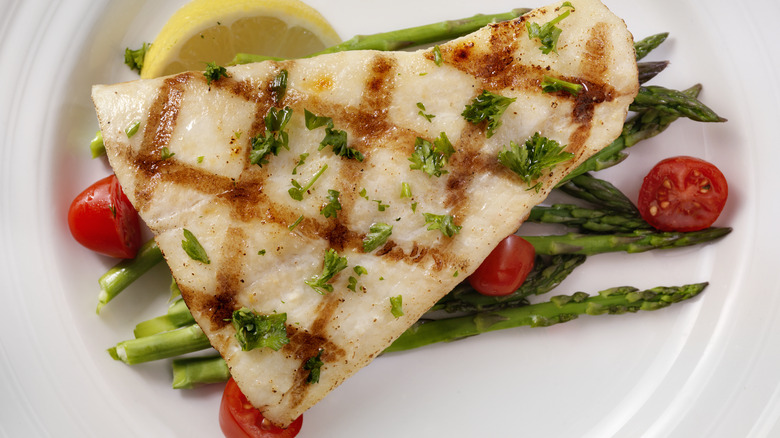seared halibut with vegetables