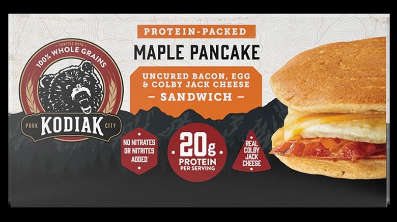 A box of Kodiak Bacon & Colby Jack Maple Pancake Sandwiches