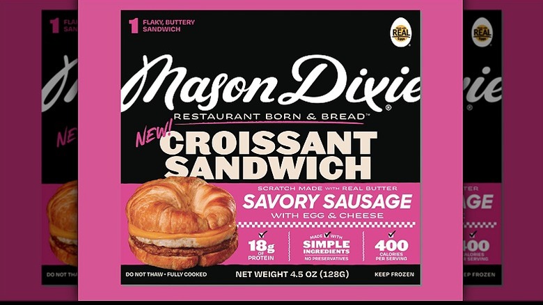 A box of Mason Dixie Croissant Sandwich with Sausage, Egg & Cheese